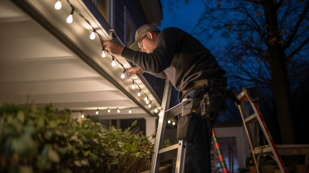 Technician setting up outdoor lights for enhanced visibility